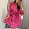Panna horgolt hosszú ujjú pink ruha - Image 3