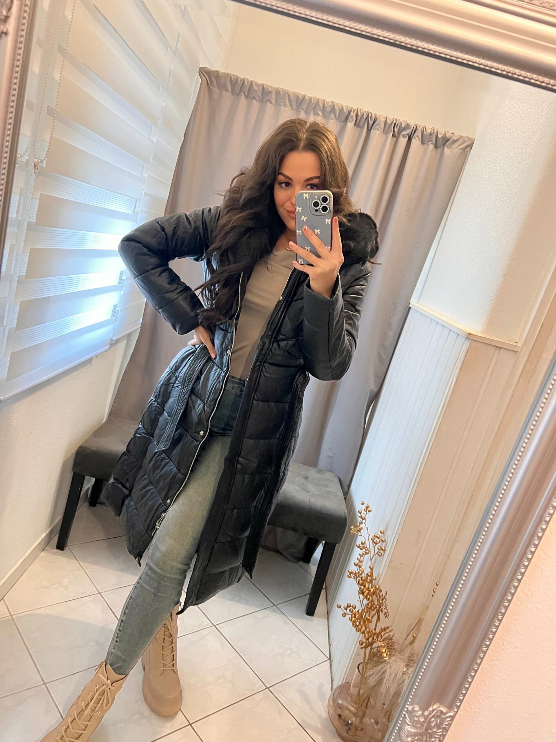 Zina fekete steppelt hosszitott kabát - Image 8