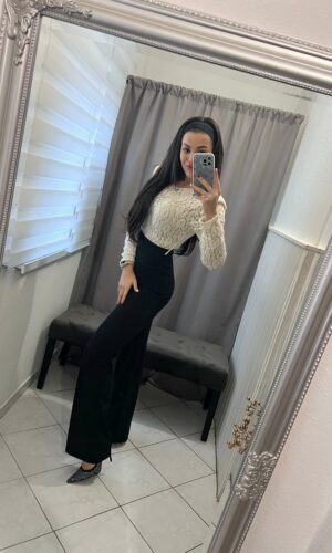 Szelena fekete-bézs csipkés overál övvel