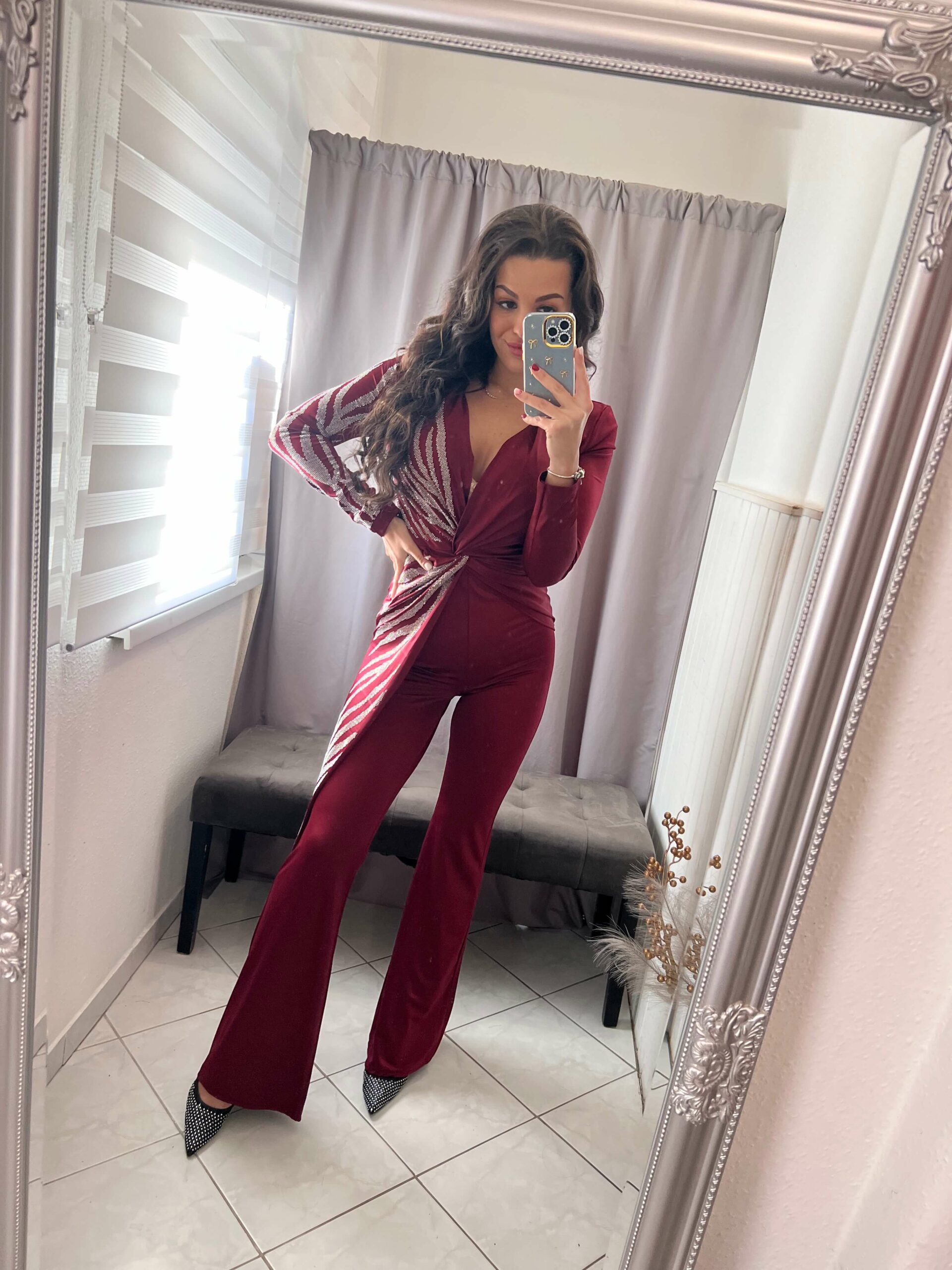 Fella burgundi ezüst kövezett overál - Image 4