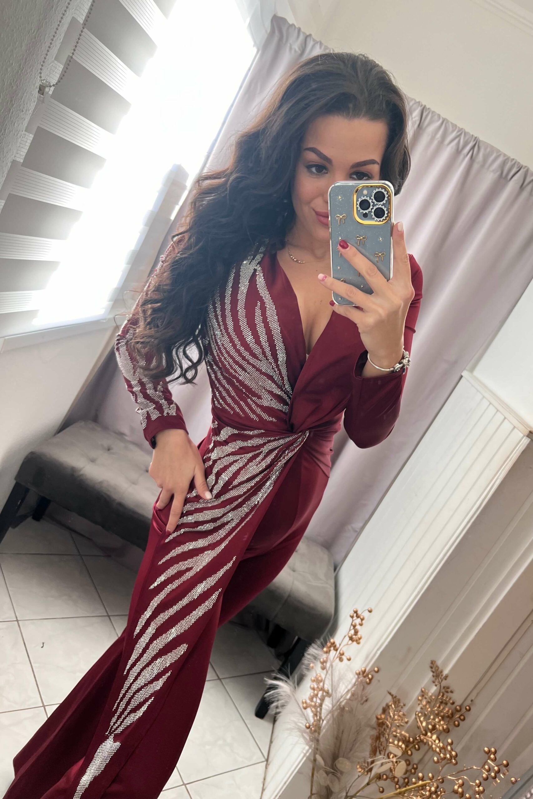 Fella burgundi ezüst kövezett overál - Image 5