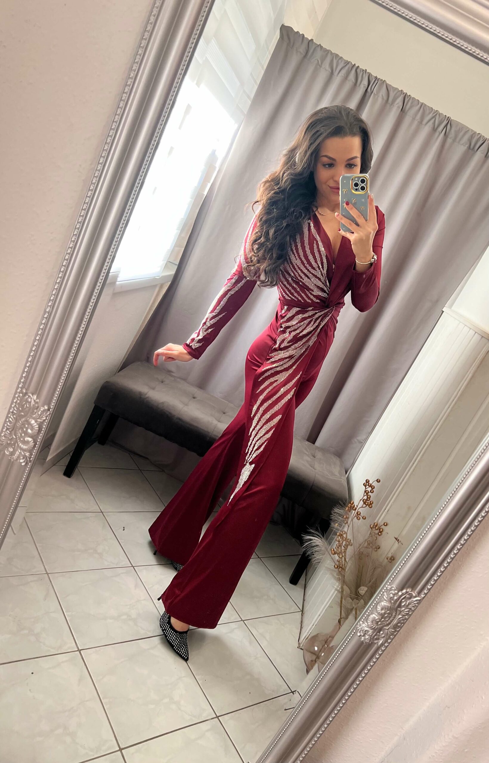 Fella burgundi ezüst kövezett overál - Image 2