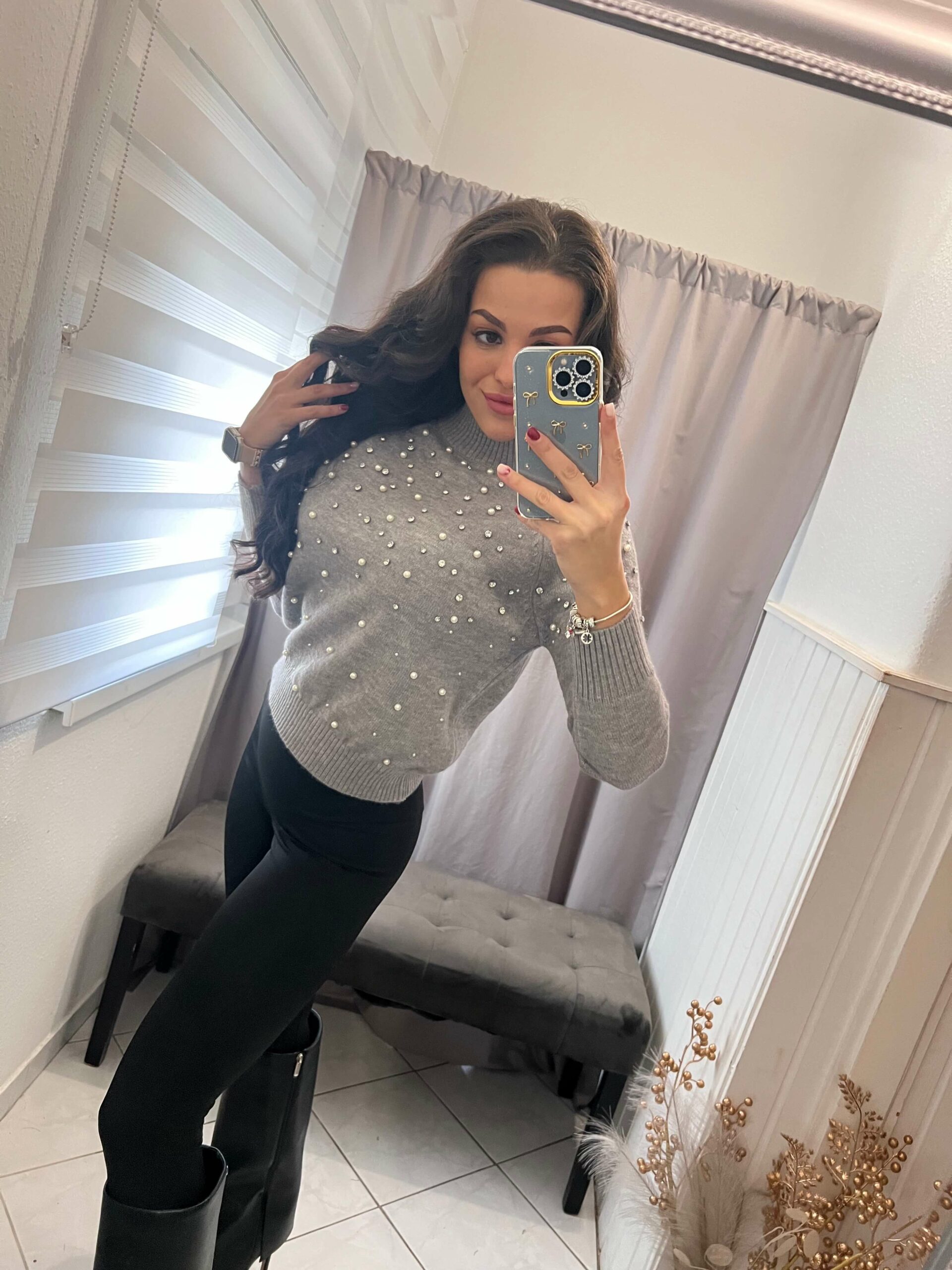 Aria köves kötött szürke pulóver - Image 3