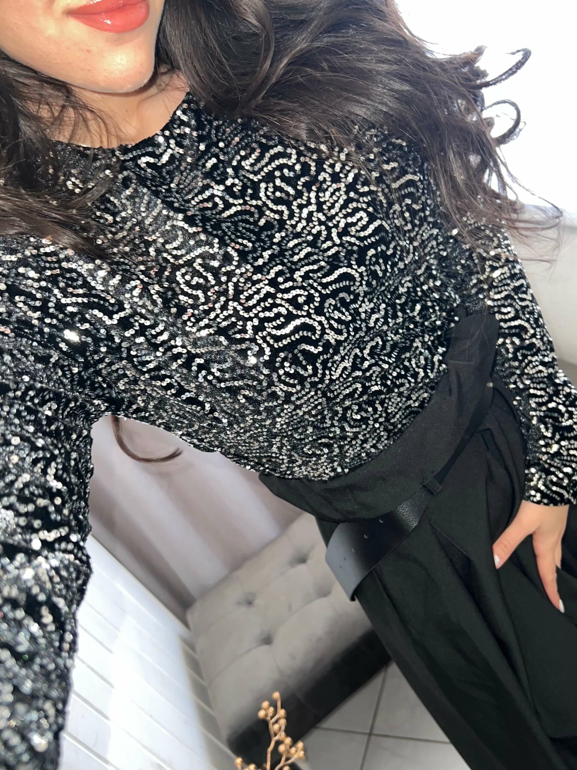 Molli ezüst flitteres fekete maxi ruha - Image 5