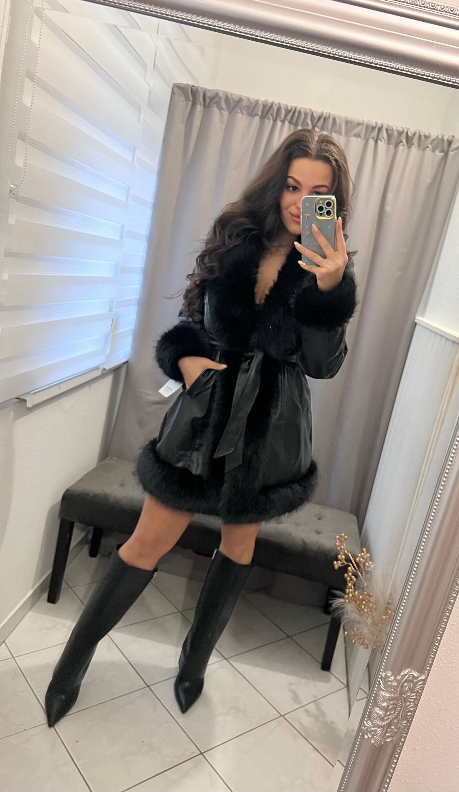 Zira fekete szőrmés bőr kabát - Image 7