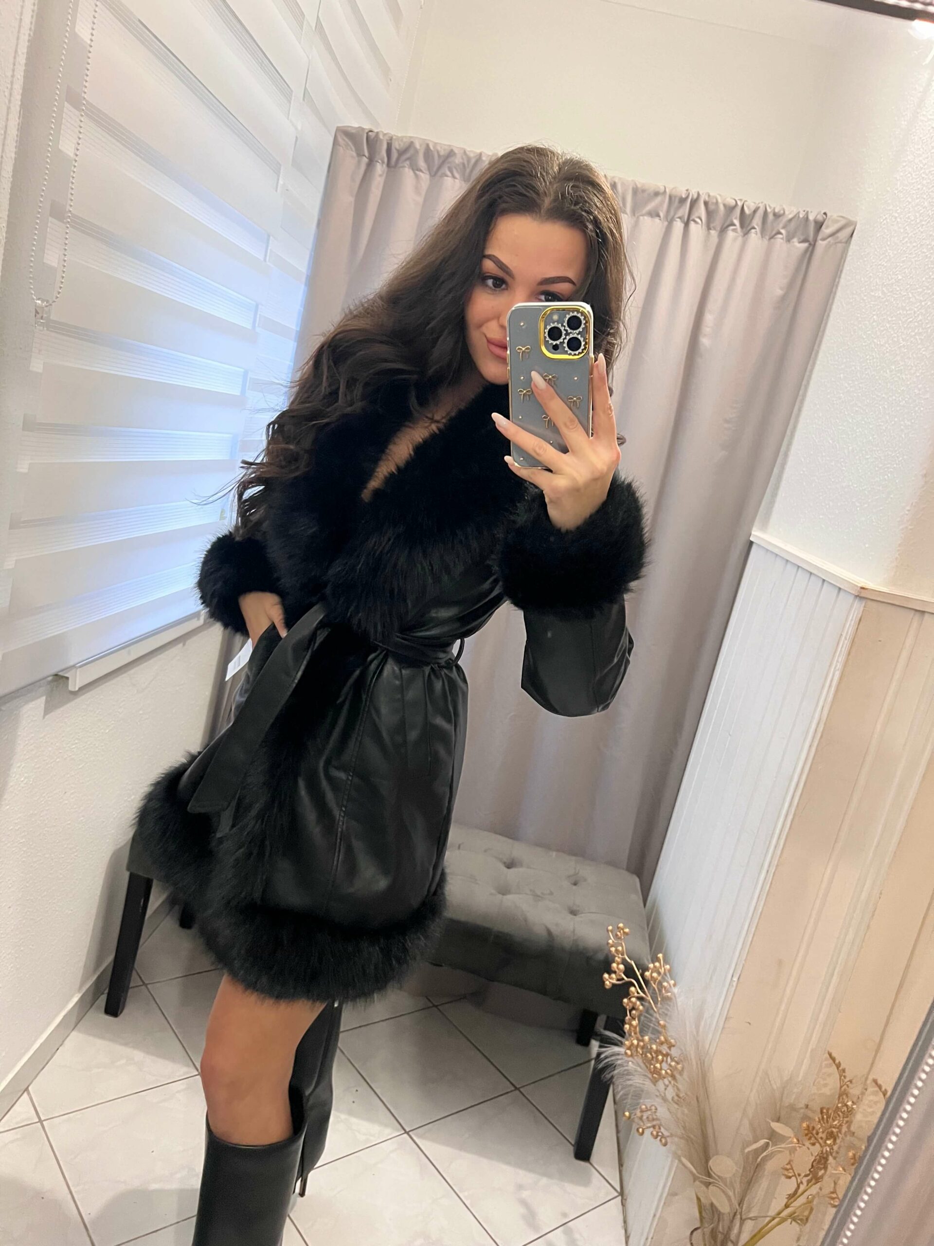 Zira fekete szőrmés bőr kabát - Image 5