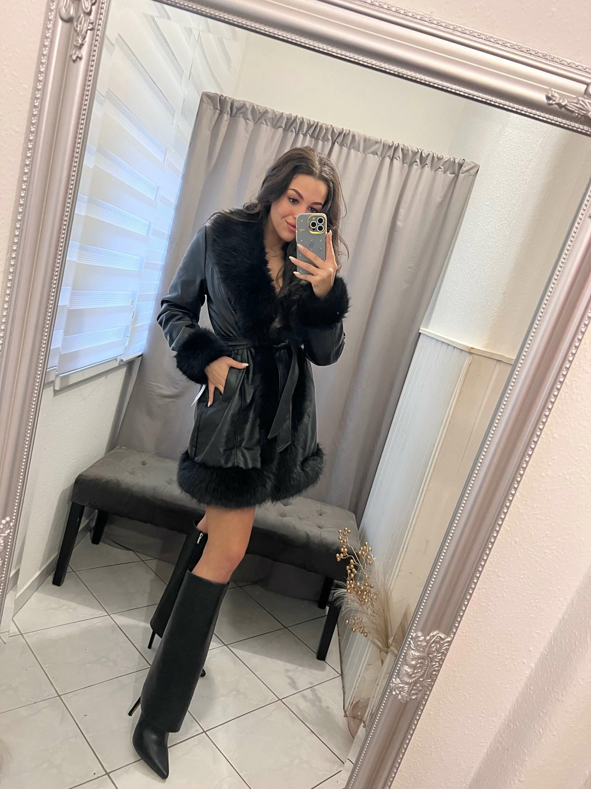 Zira fekete szőrmés bőr kabát - Image 4