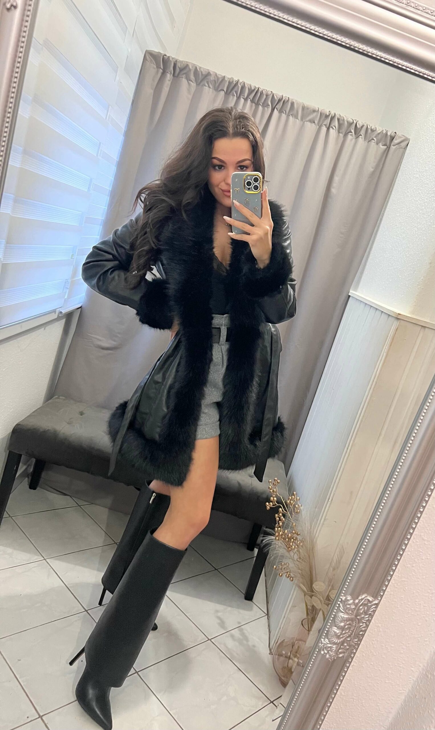 Zira fekete szőrmés bőr kabát - Image 2