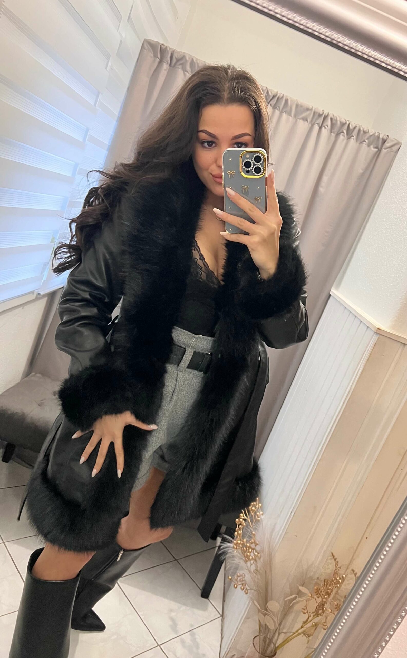 Zira fekete szőrmés bőr kabát - Image 3