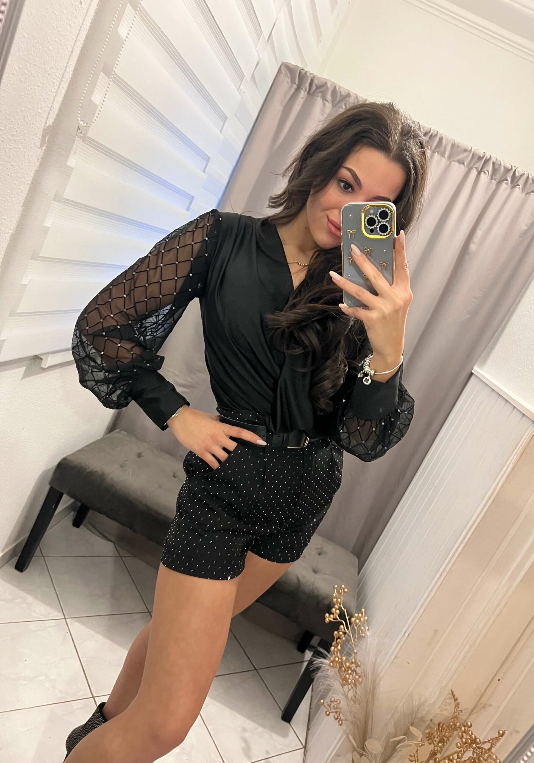 Rine ezüst kövezett fekete rövid nadrág övvel - Image 6