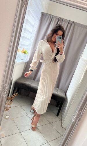 Bella bézs maxi pliszirozott ruha